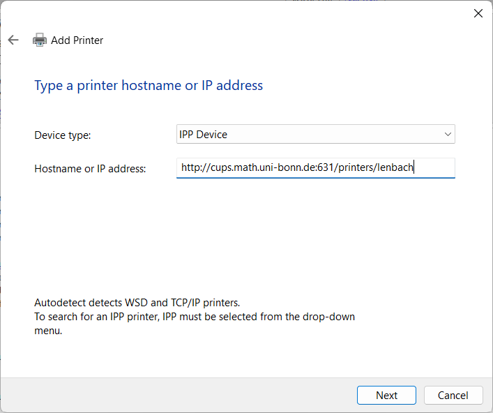Screenshot of the Add printer by IP or Hostname Dialog on Windows